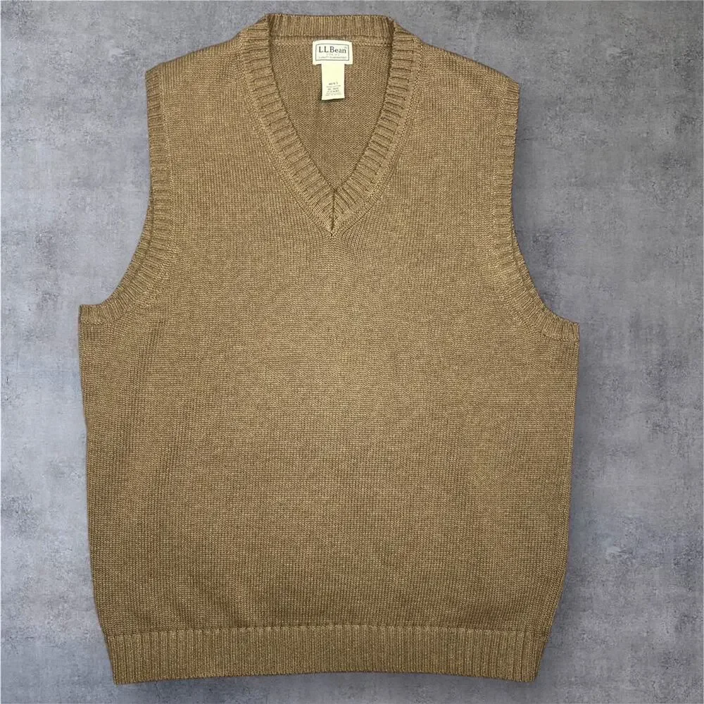 L.L. Bean Men's Medium Pullover Brown Sweater 100% Cotton V-neck EUC Classic